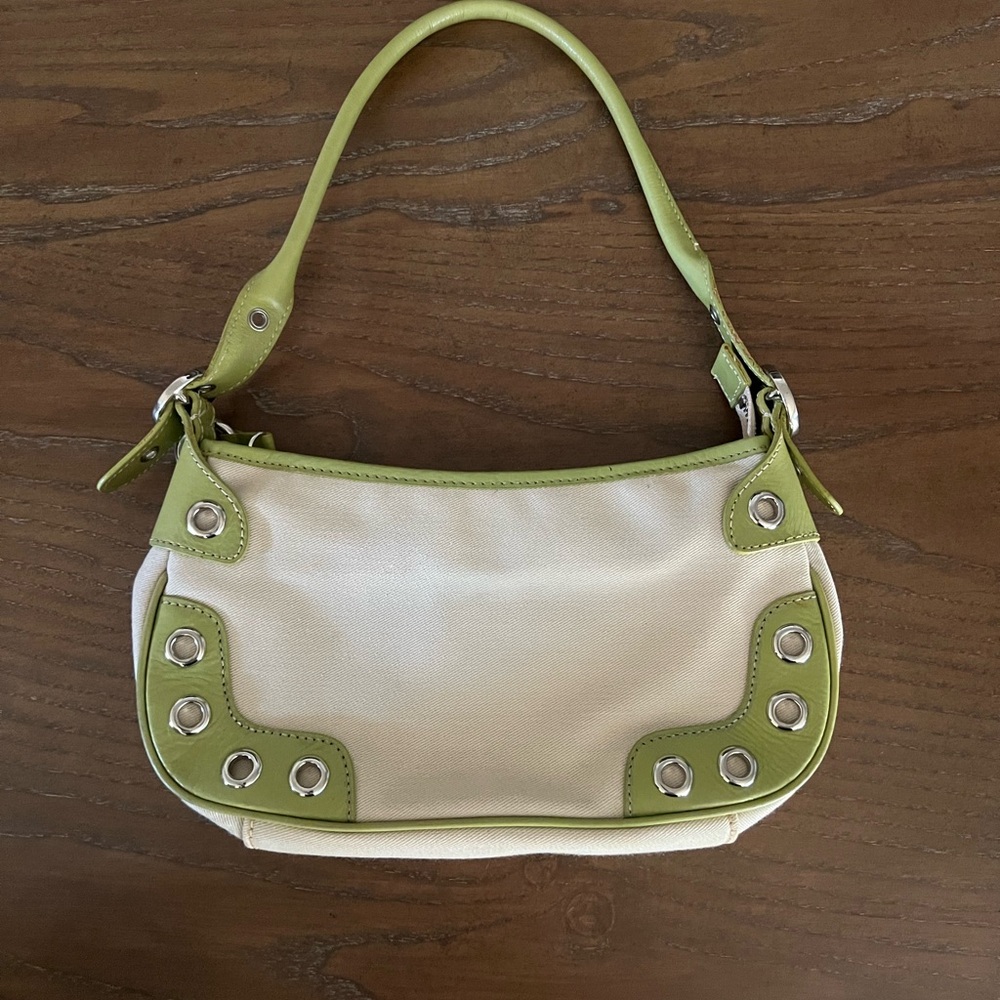 Vintage Preston& York  Cream Cotton Bag – Leather Trim, Green Accent & Silver